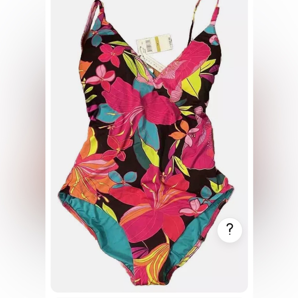 Trina Turk Floral MultiColor Maillot One Piece Plunge Swimsuit Size-14 NWT